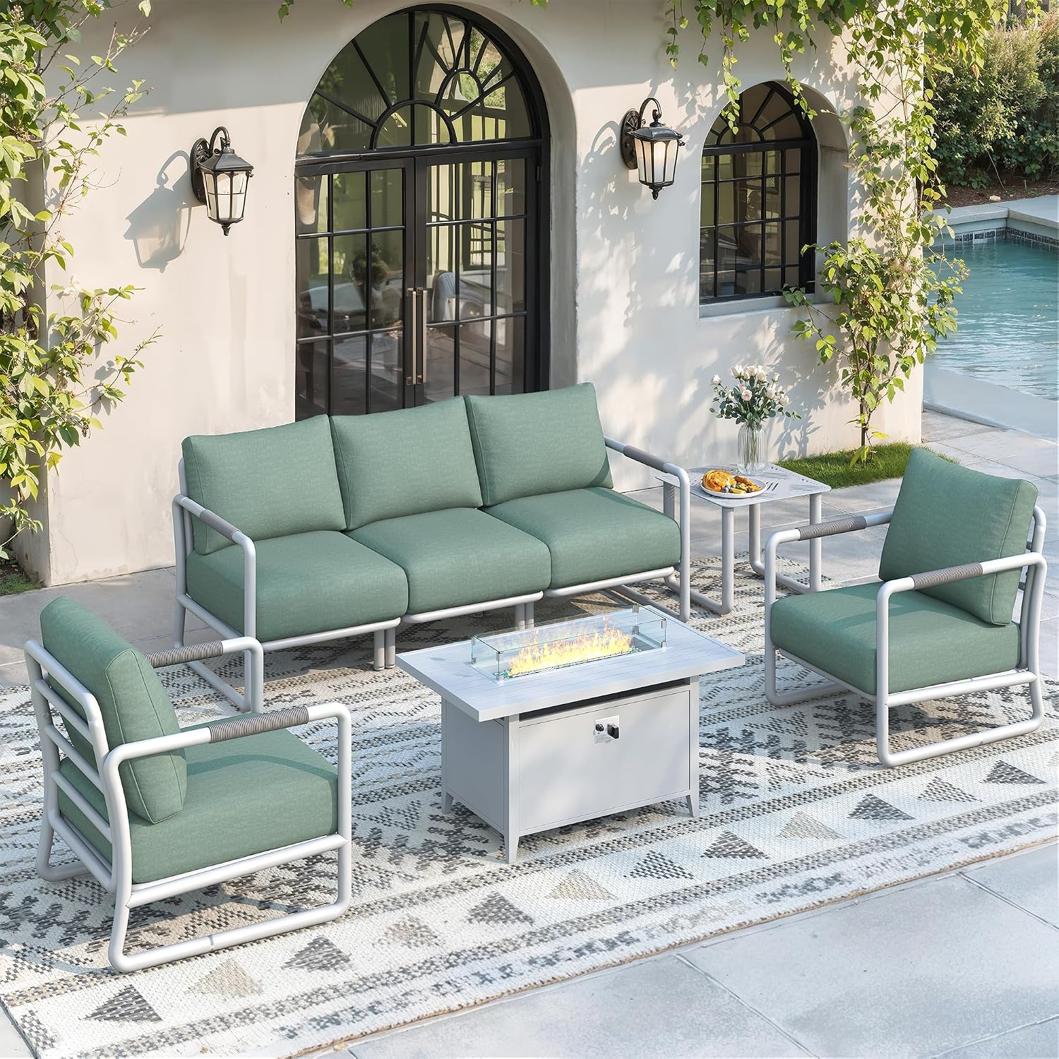 Outdoor Furniture With Fire Pit Table - 7-Piece Outdoor Aluminum Patio Furniture Set