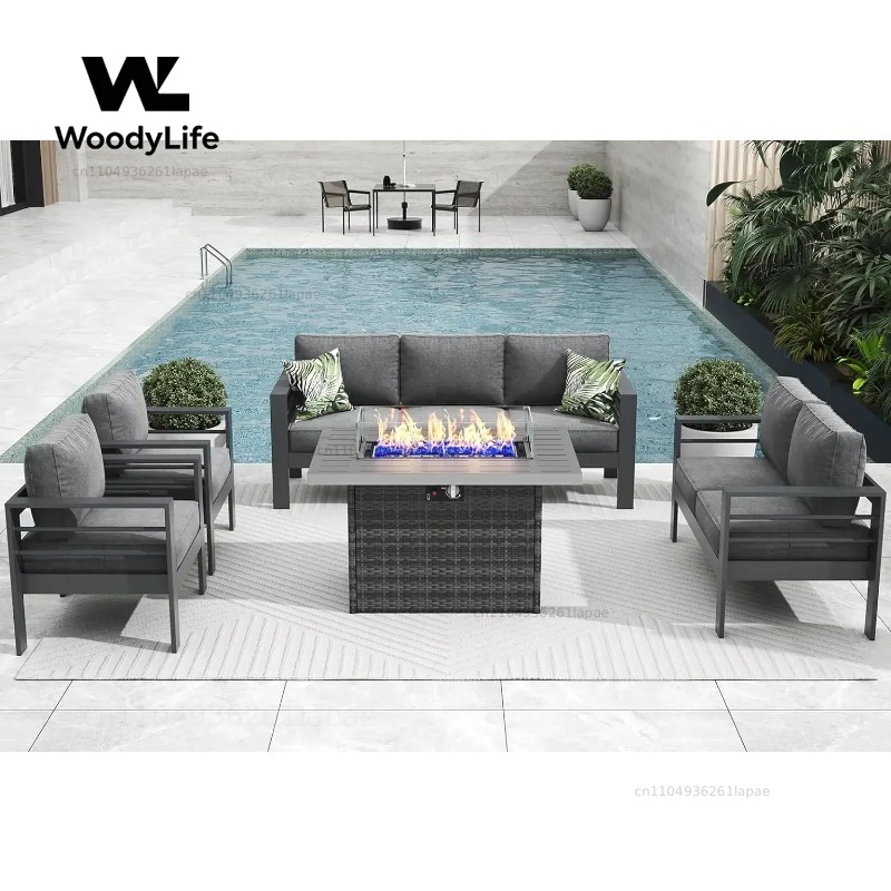L5 Pieces Modern Aluminum Pati - đánh giá và giá Outdoor Furniture With Fire Pit Table