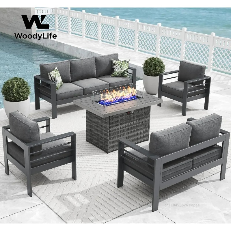 L5 Pieces Modern Aluminum Pati - đánh giá và giá Outdoor Furniture With Fire Pit Table