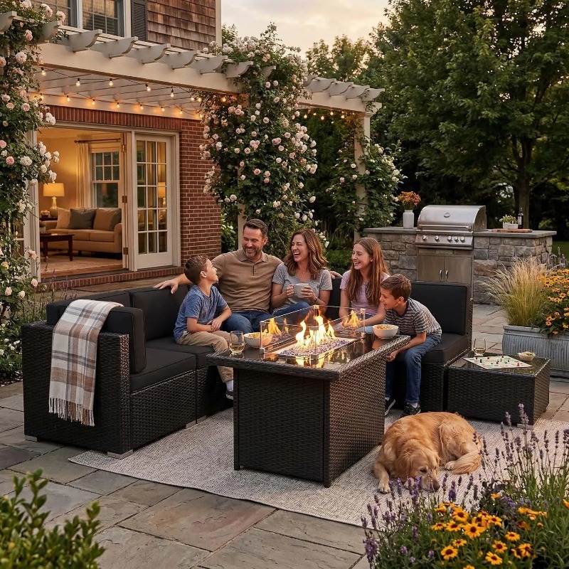 8-Piece Patio Wicker Sectional - đánh giá và giá Outdoor Furniture With Fire Pit Table