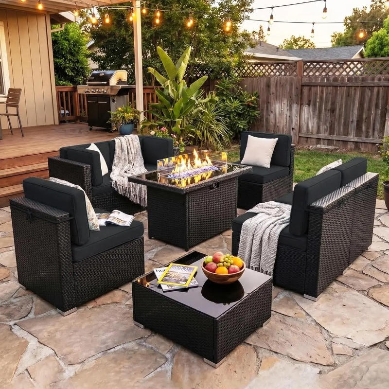 8-Piece Patio Wicker Sectional - đánh giá và giá Outdoor Furniture With Fire Pit Table