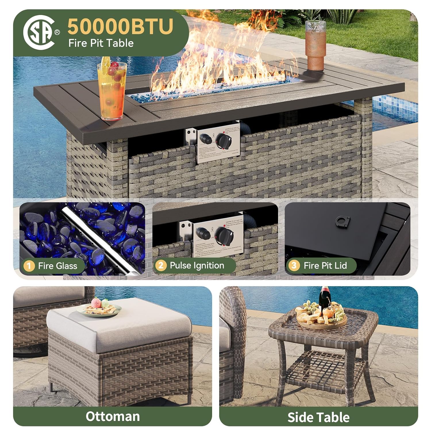 7-Piece Wicker Patio Set with  - đánh giá và giá Outdoor Furniture With Fire Pit Table